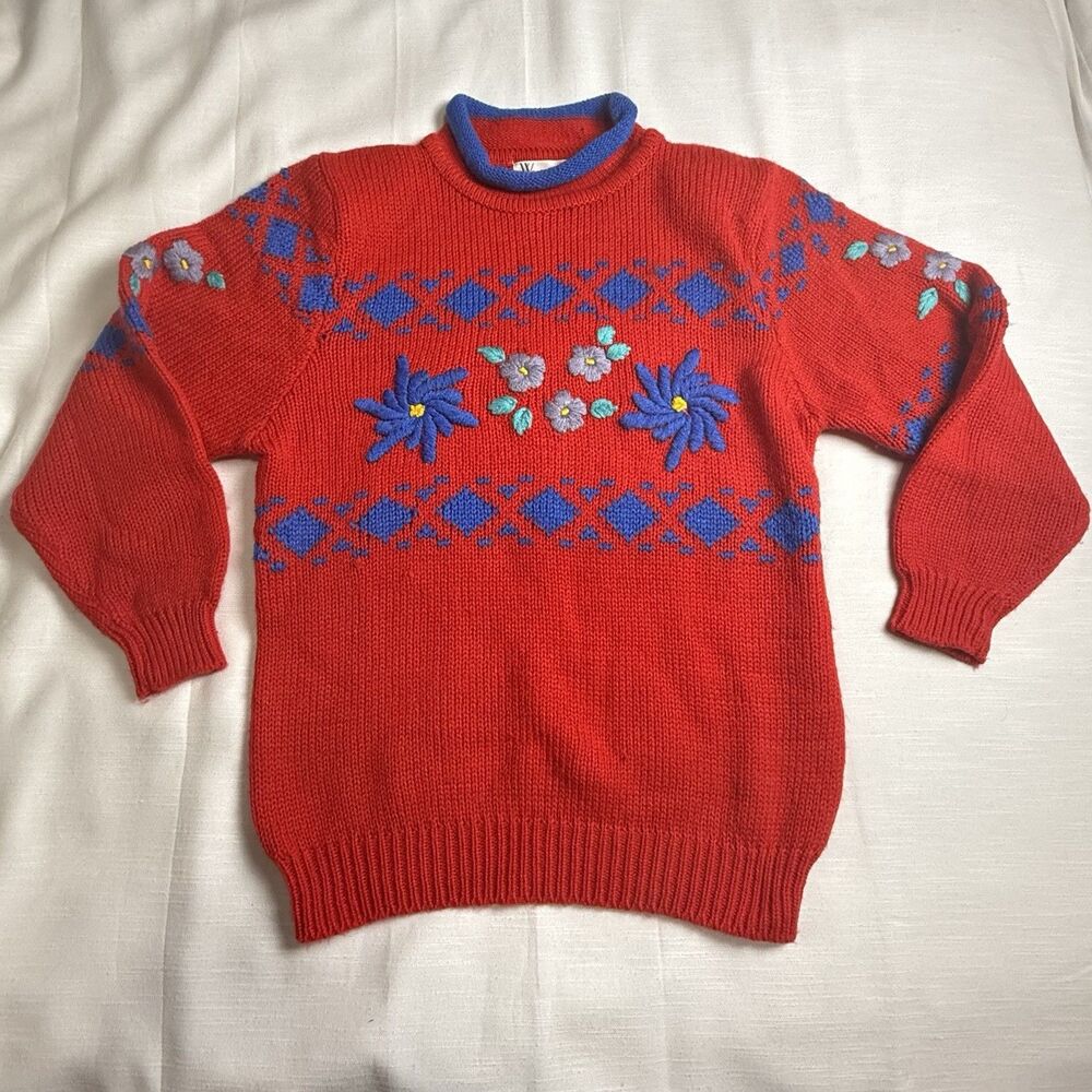 Vintage Western Connection Pullover Roll Neck Floral Knit Sweater Medium